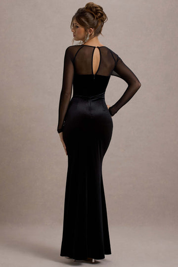 Ashby Black Velvet Embellished Square-Neck Split Maxi Dress